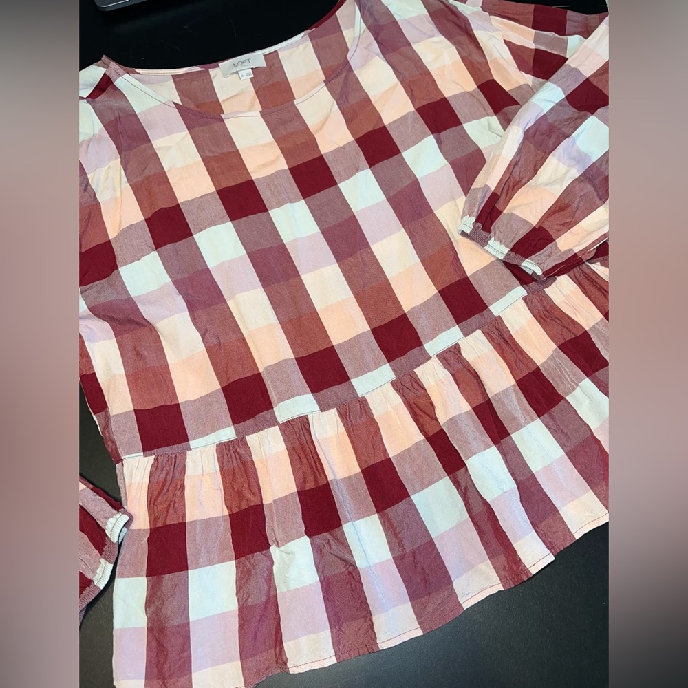 LOFT Red and White Checkered Blouse